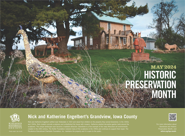 The 2024 Historic Preservation Month poster is a color image of the Grandview historic site which includes outdoor sculptures, the most prominent is a peacock in the foreground.