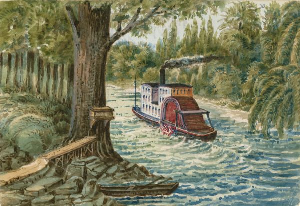 Watercolor painting of a high, narrow steamboat that was built specially for navigating the narrow and sometimes overgrown Fox River.