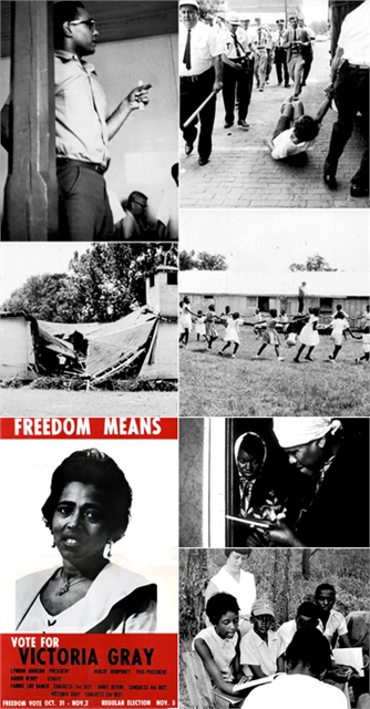 Historic images of voter regisration, Freedom Schools and violence in Mississippi during Freedom Summer 1964.