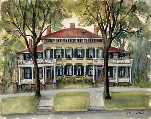 Watercolor painting of an exterior front view of a two story house with double porches, 20 visible windows, trees with green leaves, green grass, sidewalks and the front yard.