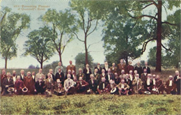 Color postcard of Quantrell's men at a reunion.