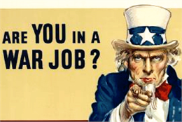 Uncle Sam is pointing toward the audience. Poster reads: Are you in a war job? If not, see the U.S. Employment Service.