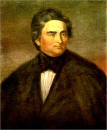 A detail of a full-length portrait of Henry Dodge in formal suit and fur coat.