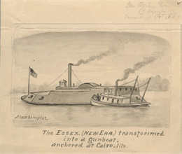 Pencil drawing of the Gunboat 'Essex' and another smaller boat anchored at Cairo, Illinois.