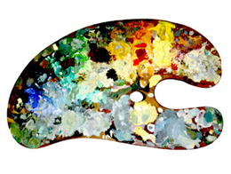 Painter's palette with many colors of oil paint.