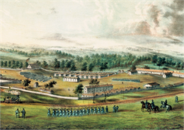 Lithograph of soldiers marching at Camp Randall. WHI 1838.