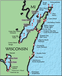 Map of Door County, Wisconsin, marking where lighthouses were built.