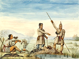 Watercolor painting of three men, one with a spear, hunting near a river.