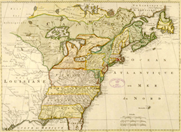 Color map of North American territories owned by the English and by the French.