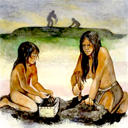 Painting of two children building an effigy mound.