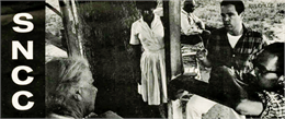 Cover of folding brochure issued by SNCC with a close-up black and white photograph of Bob Moses, Robert Parris and another female black volunteer talking to an elderly black woman on her porch.