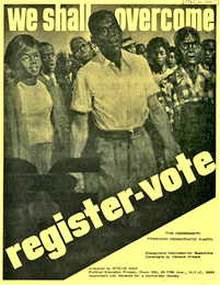A stylized black-and-white drawing of a crowd of African-Americans standing outdoors. Printed on it are the words, 'We shall overcome. Register – vote.'
