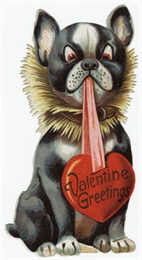 Valentine's Day card of a black and white dog with a furry tan ruff and a collar, holding a ribbon in his mouth that is attached to a heart. Within the heart it reads "Valentine Greetings".