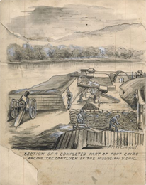 A drawing of a section of a completed part of Fort Cairo facing the confluence of the Mississippi and Ohio rivers.