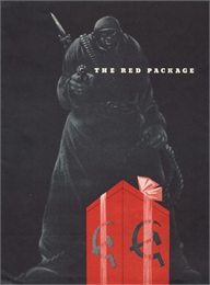 The image shows a menacing figure in black armed with a gun and a rope. There is a bright red package with the Communist symbol in the foreground.