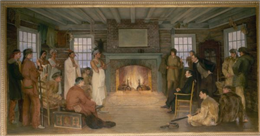 Interior of wooden cabin with group of men during the trial.