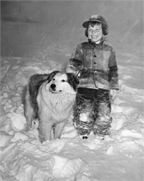 Boy stands ankle deep in snow with a dog.