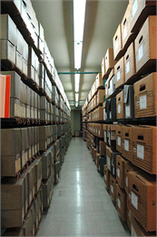 A row of archival stacks at the Wisconsin Historical Society's headquarters building in Madison.