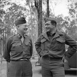 Lieutenant Colonel Philip F. La Follette and Captain William Kurkeet, of Madison, Wisconsin, chatting at Camp Cable, near Brisbane, Australia