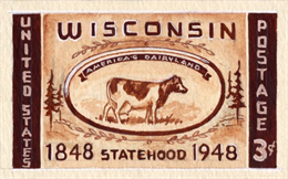 A reddish Wisconsin America's Dairyland themed stamp design.