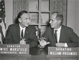 Senator William Proxmire of Wisconsin, and Senator Mike Mansfield of Montana, on the set of the Senate Recording Studio in Washington, D.C.