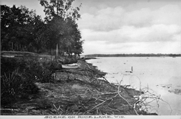 A boat sits along the wooded shore of Rice Lake.