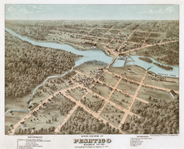 Bird's-eye view of Peshtigo, before it was destroyed by fire on the night of October 8, 1871.