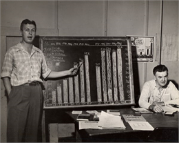 CIO Session at Highlander Folk School featuring Frank McCallister, standing. Graph shows number of Americans employed vs. number of American workers unionized over time.