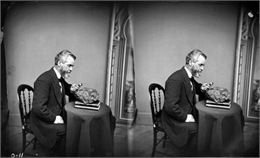 Stereograph portrait of Increase Allen Lapham (1811-1875) examining the sixth fragment of a 33 lb. meteorite found in Trenton, Washington County, Wisconsin in 1871.