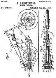 Drawing accompanying Edward J. Pennington's patent for a "Motor-Vehicle" (Motorcycle) Patent number: 574262, filing date: October 3, 1894, Issue date: December 29, 1896.