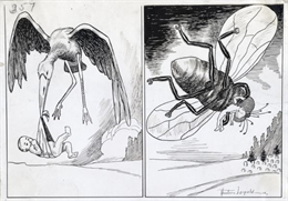 The left panel shows a stork carrying a baby in its beak, and the right panel depicts a baby being carried toward a cemetery by a large house fly.