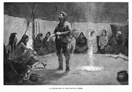 Engraving of a fur trader standing in the middle of a circle of seated Indians in their council tepee.
