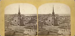 Elevated view towards the northwest across West Washington Avenue of the Congregationalist Church.