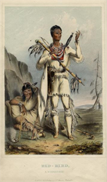 Illustration of Redbird, a Winnebago Indian, following his surrender after an attack on Prairie du Chien in 1827
