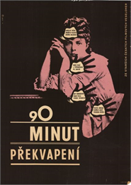 Czechoslovakian film poster. Pink image of a woman resting her head on her hands. Four black silhouette hands cover different parts of her body and feature the names of people involved in the film.