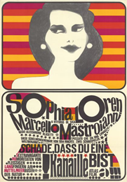 The top half of the poster of an illustration of a woman from her shoulders up, with dark hair and white earrings against a colorful background. Below her are the cast names and film title forming an hour-glass shape.