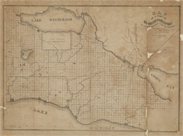 Map of Lake Winnebago and the area south of the Fox River from Green Bay to Sheboygan. The map is oriented with North to the right.