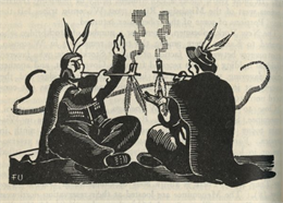 Woodcut illustration of two seated figures smoking pipes.