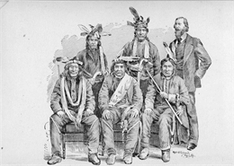 Illustration of the Washington, D.C. Delegation of Indians. Five Indians pose with a man in a beard and suit.