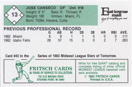 Jose Canseco baseball card back