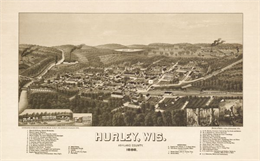 Bird's-eye map of Hurley with insets Mining at the Colby, Hurley in 1885, and North Front of Silver Street.