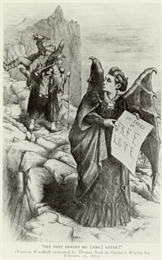 Political cartoon depicting a woman on a rocky path carrying two children and a drunken husband on her back being tempted by Victoria Woodhull depicted as a devil.