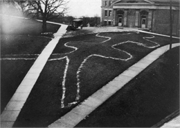 Elevated view of a double-tailed turtle effigy mound on Observatory Hill on the University of Wisconsin-Madison campus.