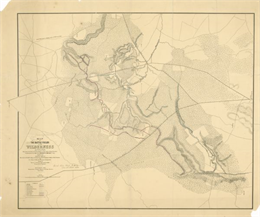 This map of the battlefield at Wilderness, Virginia, illustrates the Union positions in blue and Confederate positions in red.