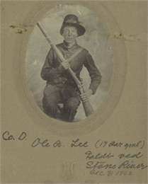 Portrait of Civil War soldier Ole A. Lee, 15th Infantry Company D, who was killed at Stone's River, Tennesse on December 3, 1862, at the age of 17.