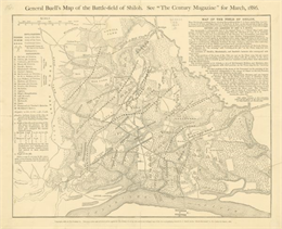 This detailed map shows the positions of the armies of the Ohio and Tennessee, Confederate lines, headquarters, "regimental camps at the date of the battle" roads, houses, drainage, vegetation, fields, and relief by hachures.