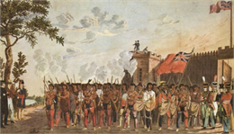 Painting depicting the British evacuation of their fort at Prairie du Chien after the end of the War of 1812.