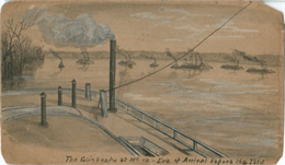 An image from a sketchbook of "The Gunboats at No. 10 — Eve of Arrival before the [Island]".