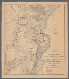 This map of the Mississippi River between Island No. 8, northeast of New Madrid, Missouri, and Tiptonville, Tennessee, depicts the Confederate defenses at Island No. 10, New Madrid, and Tiptonville.