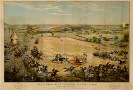Color lithographed color advertising poster showing a McCormick grain binder at the Civil War battle of Gettysburg.